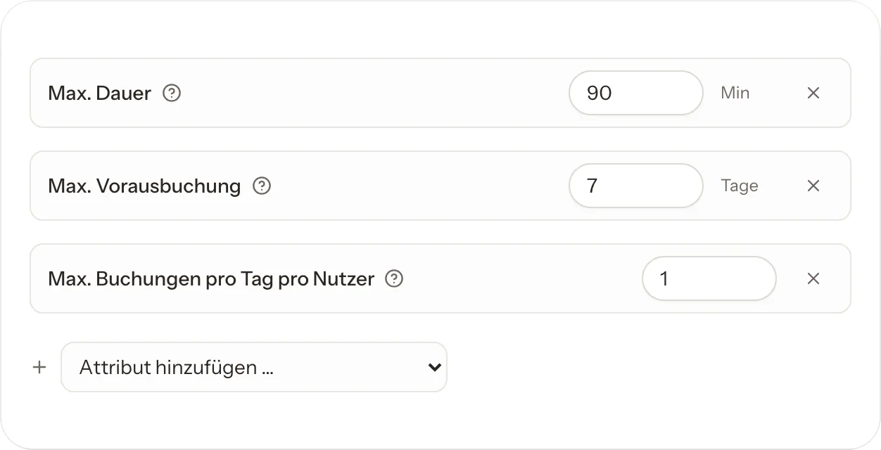 Aktionen einer Buchungsrichtlinie: höchstens 90 Minuten, bis zu 7 Tage im Voraus und eine Buchung pro Tag.
